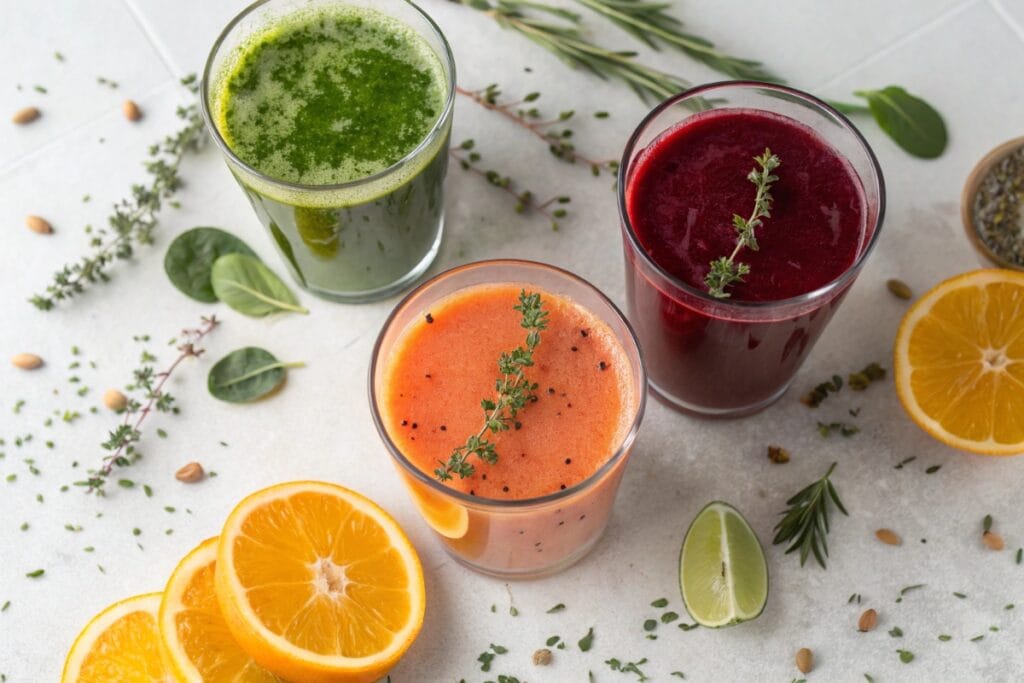 Assorted homemade juicing recipes in three glasses