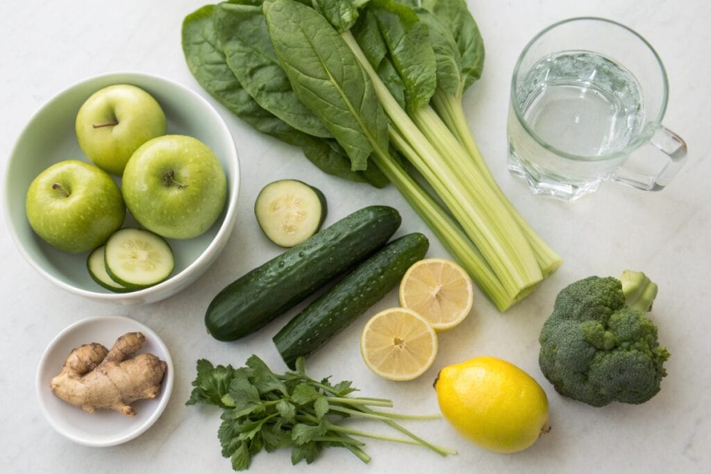 Ingredients for a green juicing recipes on a counter