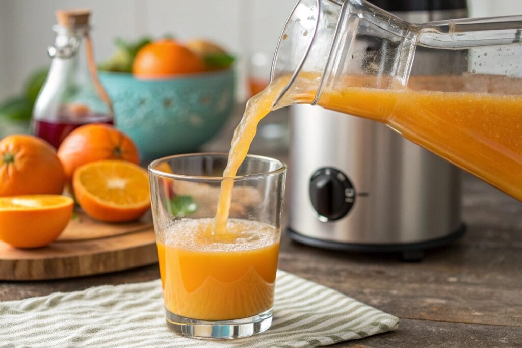 Pouring fresh green juice from pitcher into a glass