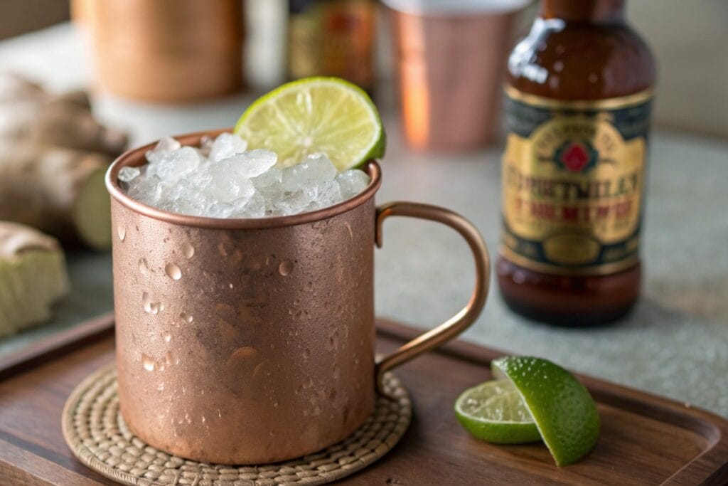 Close-up of Kentucky mule recipe in copper mug