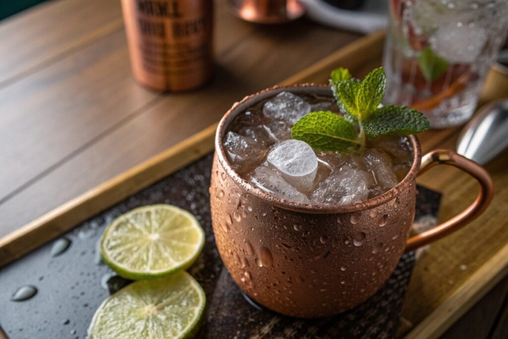 Kentucky mule recipe in copper mug with lime and mint