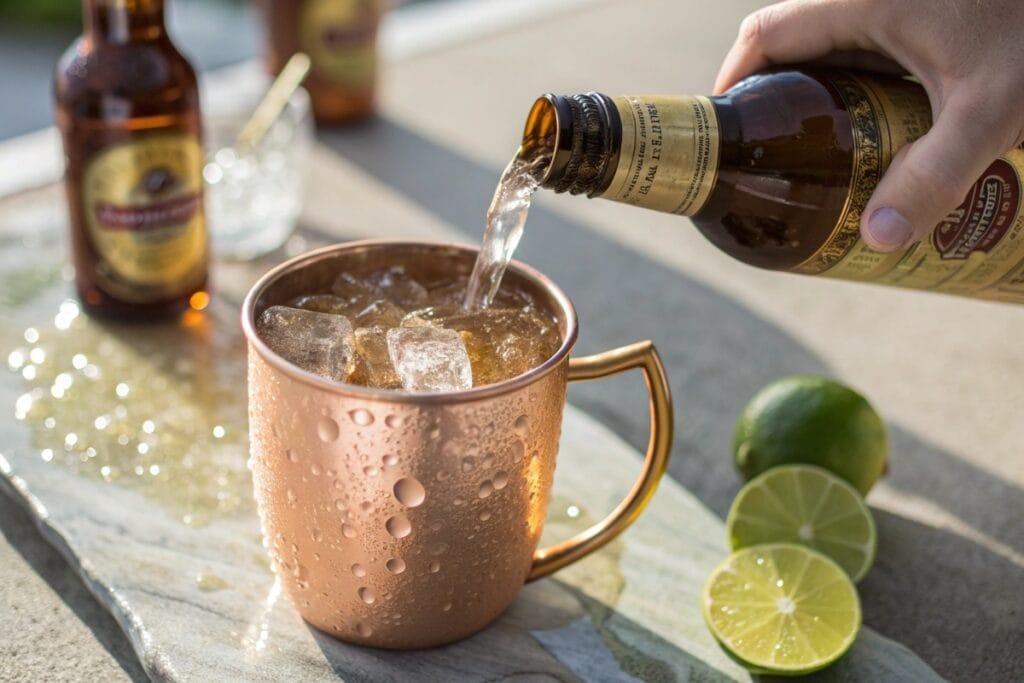 Pouring ginger beer into Kentucky mule recipe