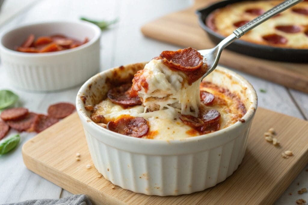 Keto cottage cheese pizza bowl with bubbling cheese