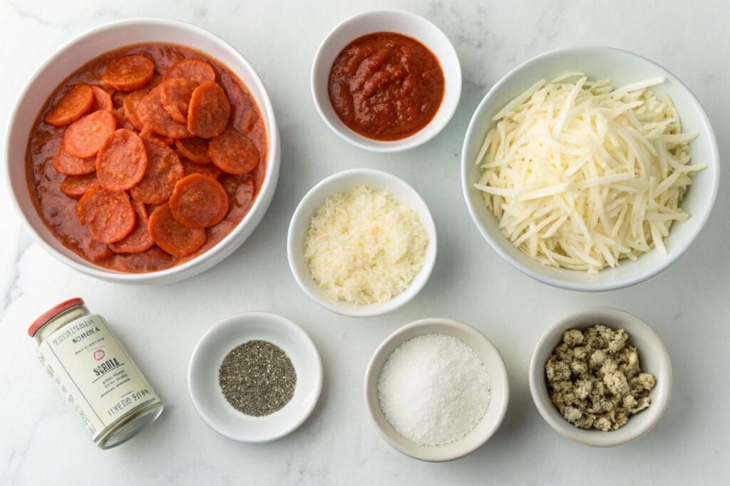 Ingredients for keto cottage cheese pizza bowl