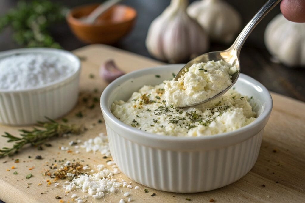 Seasoning the base for keto cottage cheese pizza bowl