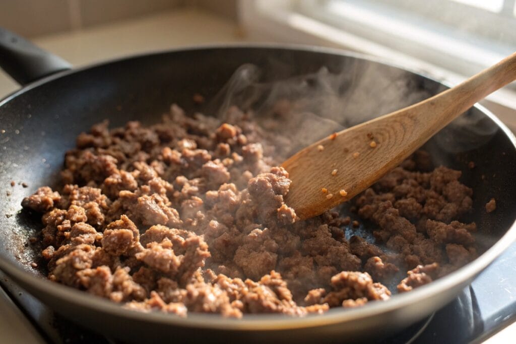 Browning beef for lazy keto ground beef casserole