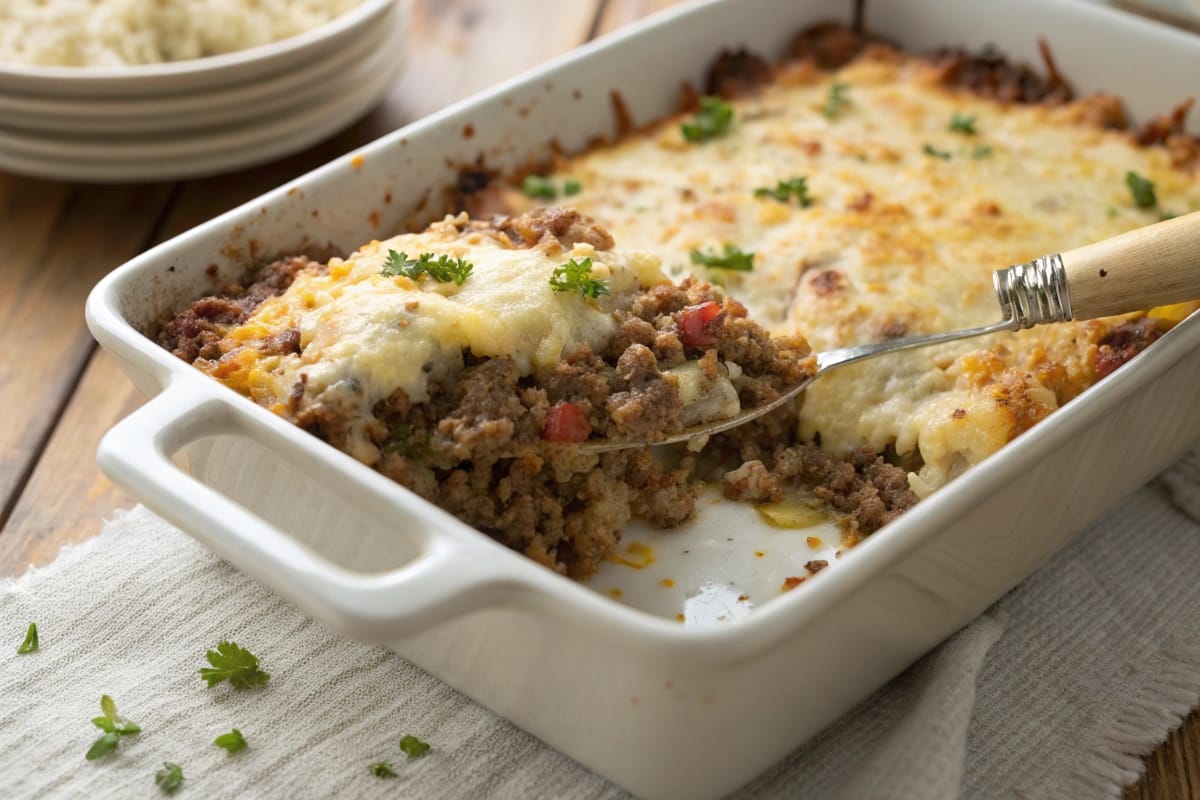 Lazy keto ground beef casserole with melted cheese