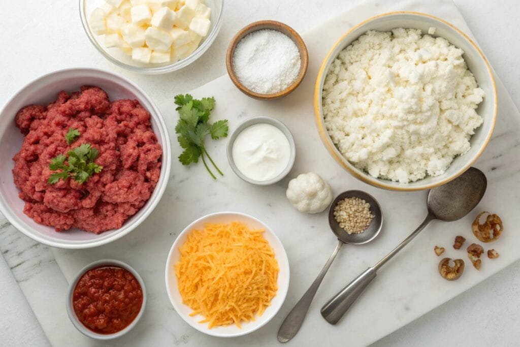 Ingredients for lazy keto ground beef casserole