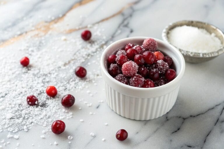 Small ramekin of popping cranberries on marble