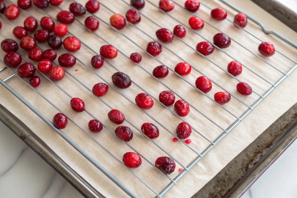 Cranberries drying on rack before sugar coating , Popping cranberries recipe
