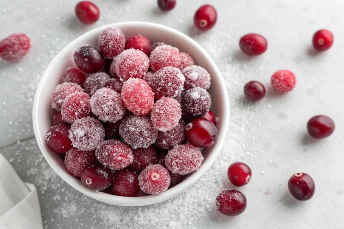 Bowl of sugar-coated popping cranberries
