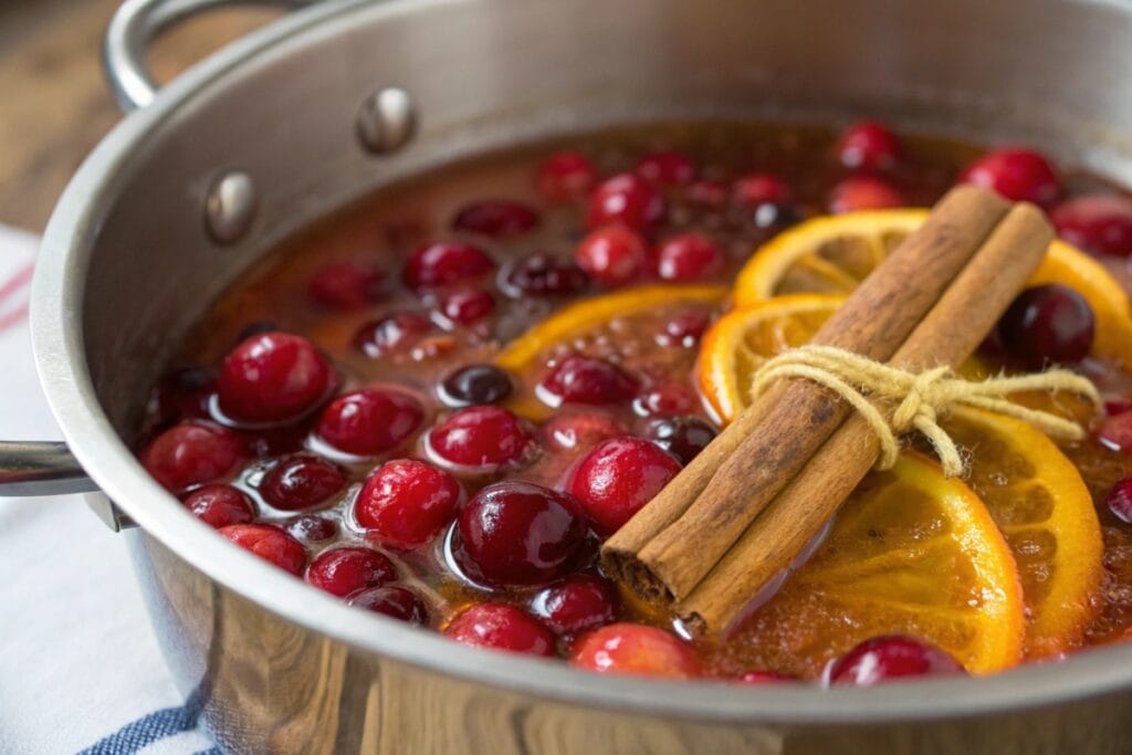 Fresh cranberries soaking in warm syrup: Popping Cranberries Recipe