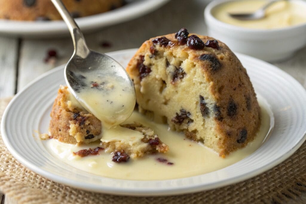 Close-up of spotted dick recipe slice with custard