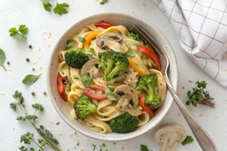 One bowl of vegan Alfredo veggie pasta with broccoli and mushrooms
