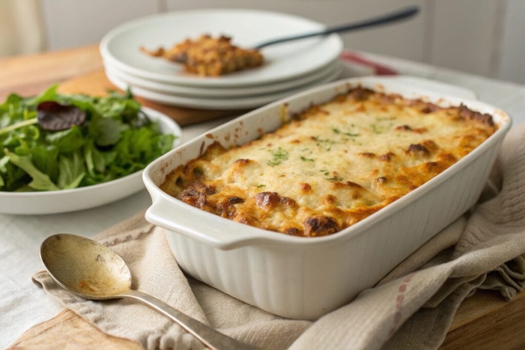 vegan dinner recipes :Baked vegan casserole dinner with salad