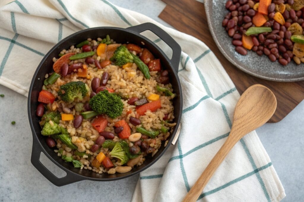 vegan dinner recipes : Easy vegan skillet dinner with beans, vegetables, and rice