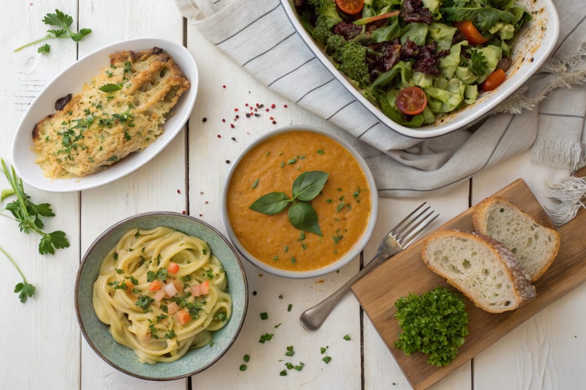 Vegan dinner recipes table with pasta, casserole, and soup