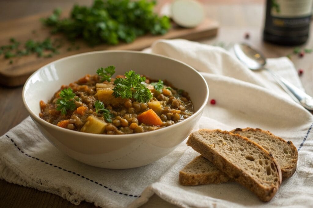 Bowl of vegetarian slow cooker lentil stew with bread