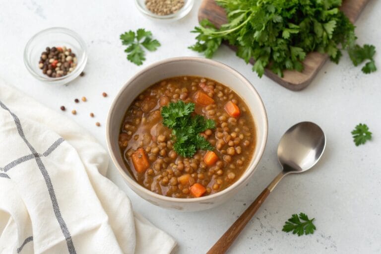 Simple bowl of vegetarian slow cooker lentil stew