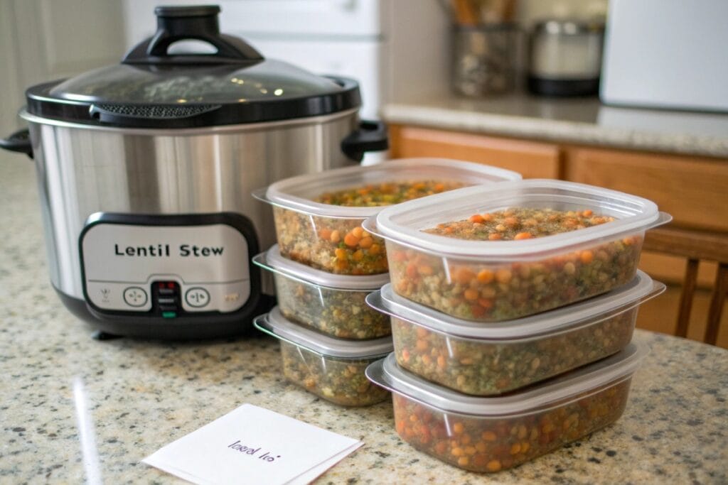 Meal prep containers of vegetarian slow cooker lentil stew