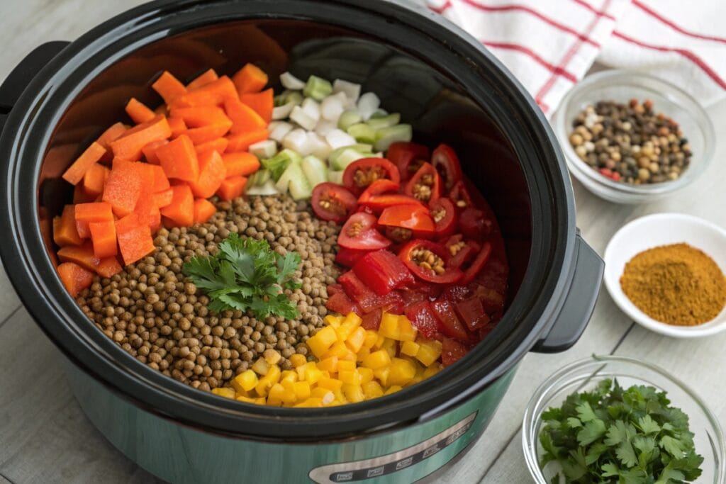 Ingredients for vegetarian slow cooker recipes in crockpot