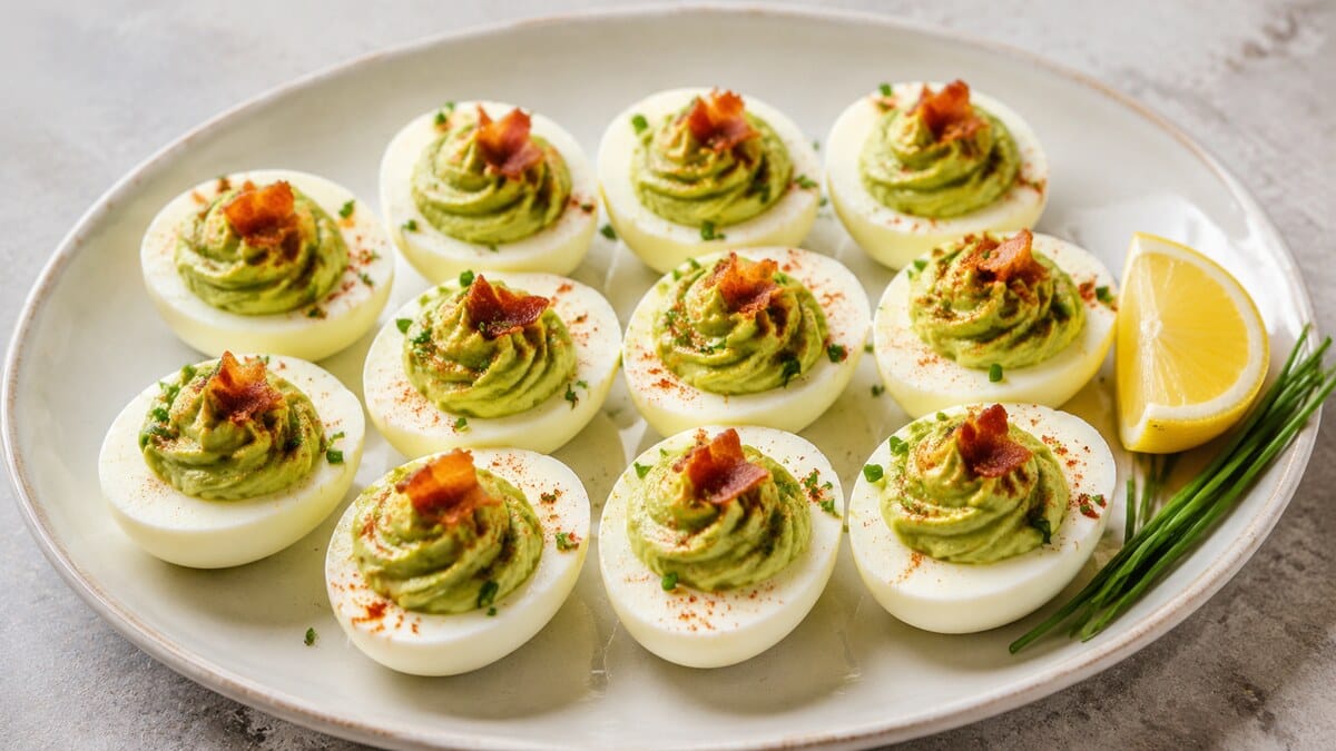 Keto Appetizers : Avocado bacon deviled eggs topped with smoked paprika and chopped chives