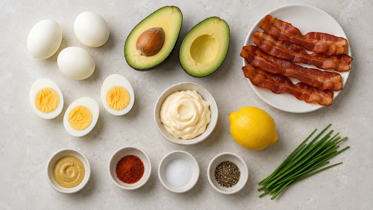Hard-boiled eggs, avocado, cooked bacon, mayonnaise, lemon, Dijon mustard, paprika, salt, pepper, and chives ; ingredients for Keto Appetizers