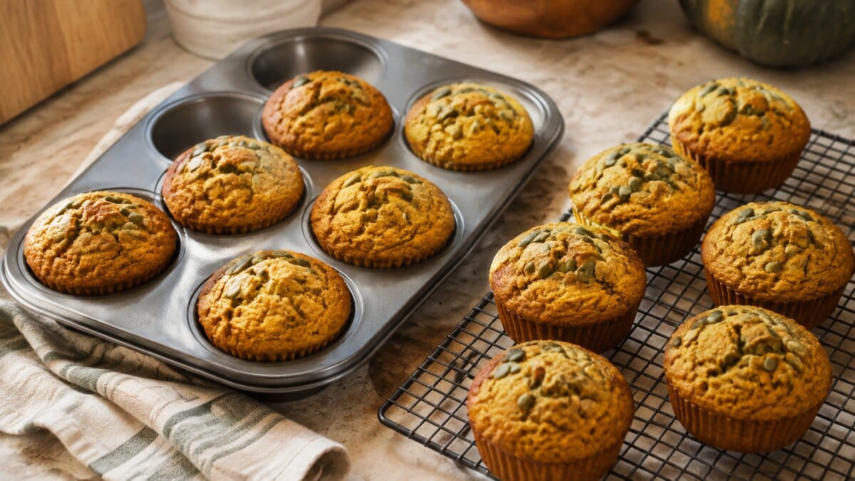 Freshly baked high protein pumpkin muffins cooling in a pan and on a rack