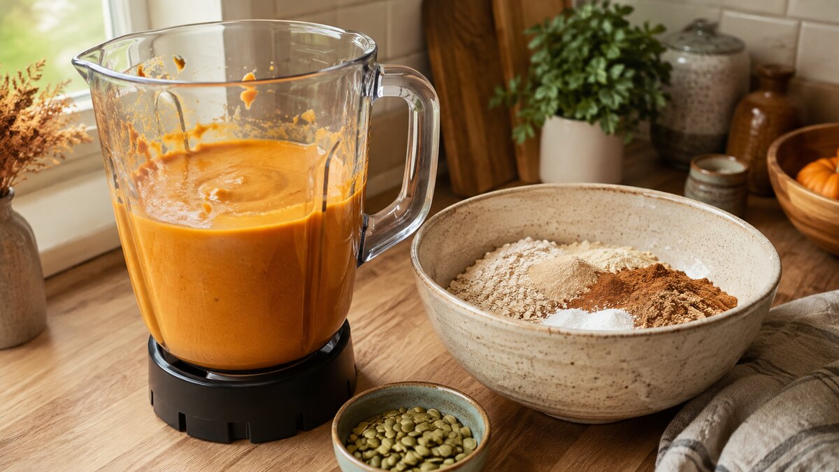 Smooth pumpkin and cottage cheese mixture beside a bowl of dry muffin ingredients
