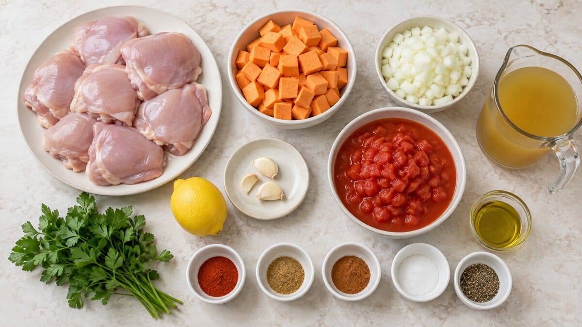 ingredients for Gluten Free Crock Pot Recipes : Chicken thighs, sweet potatoes, onion, garlic, diced tomatoes, gluten-free broth, olive oil, spices, lemon, and parsley 