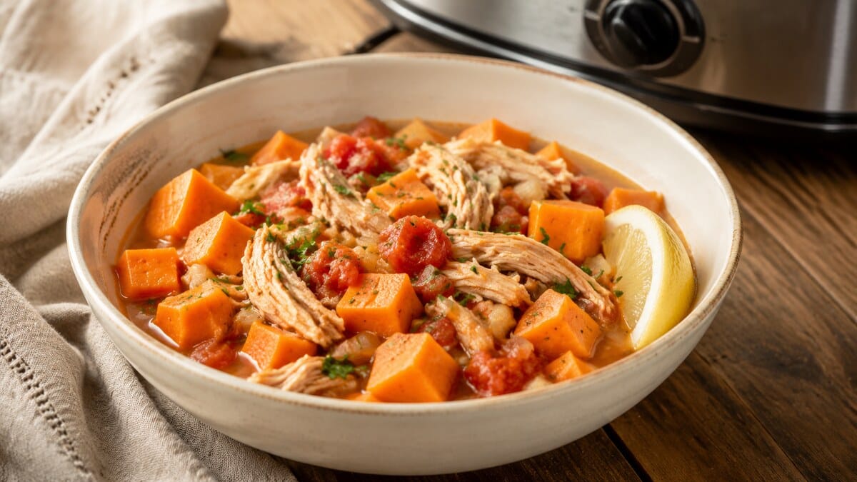 Gluten-free slow cooker chicken and sweet potato stew with tomatoes, parsley, and lemon