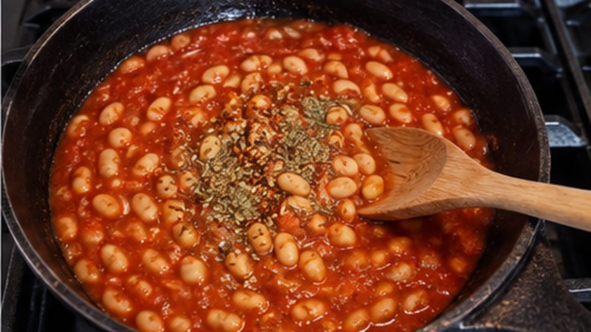 White beans simmering in thick tomato sauce with oregano and seasonings in a skillet