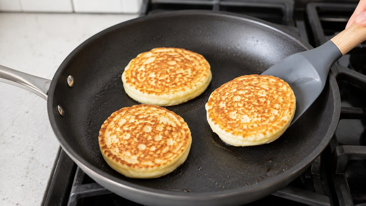 Small keto cottage cheese pancakes cooking in a nonstick skillet