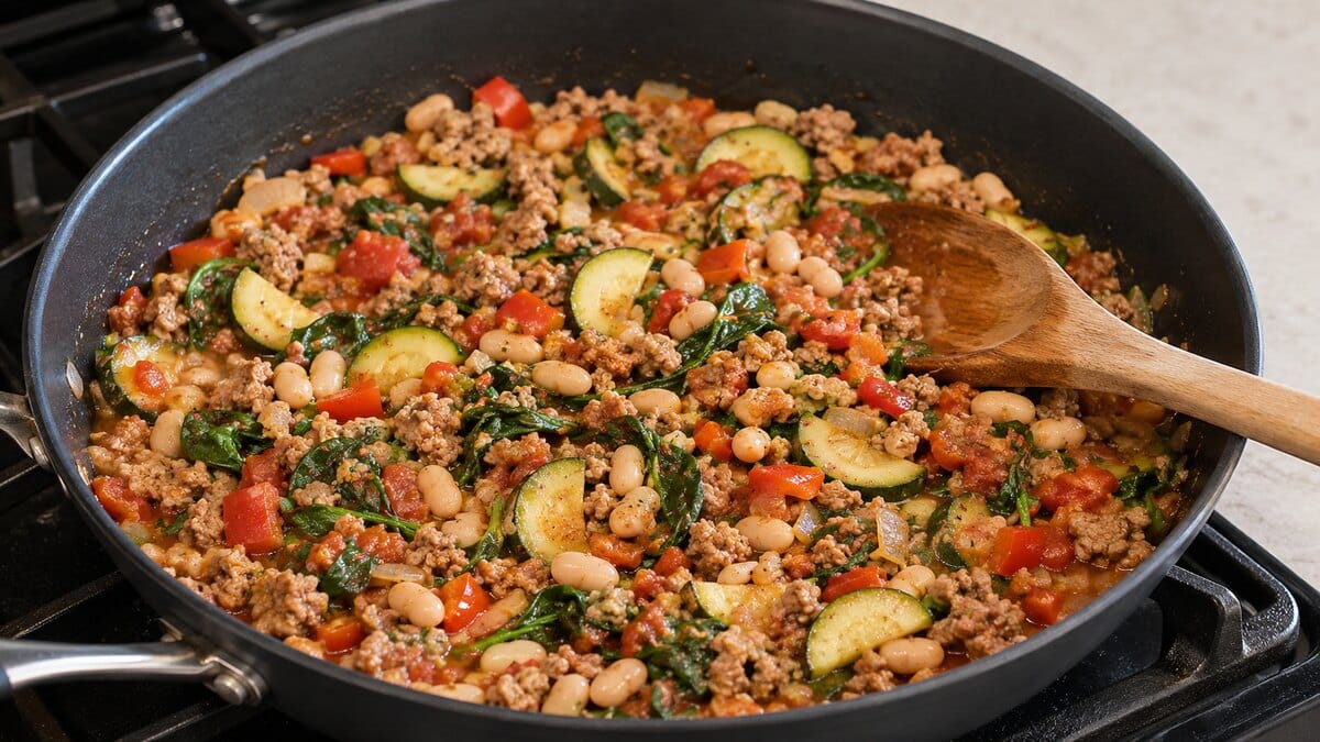 Low Calorie High Protein Meals : SkilletGround turkey, cannellini beans, zucchini, tomatoes, peppers, and spinach cooking in a large skillet