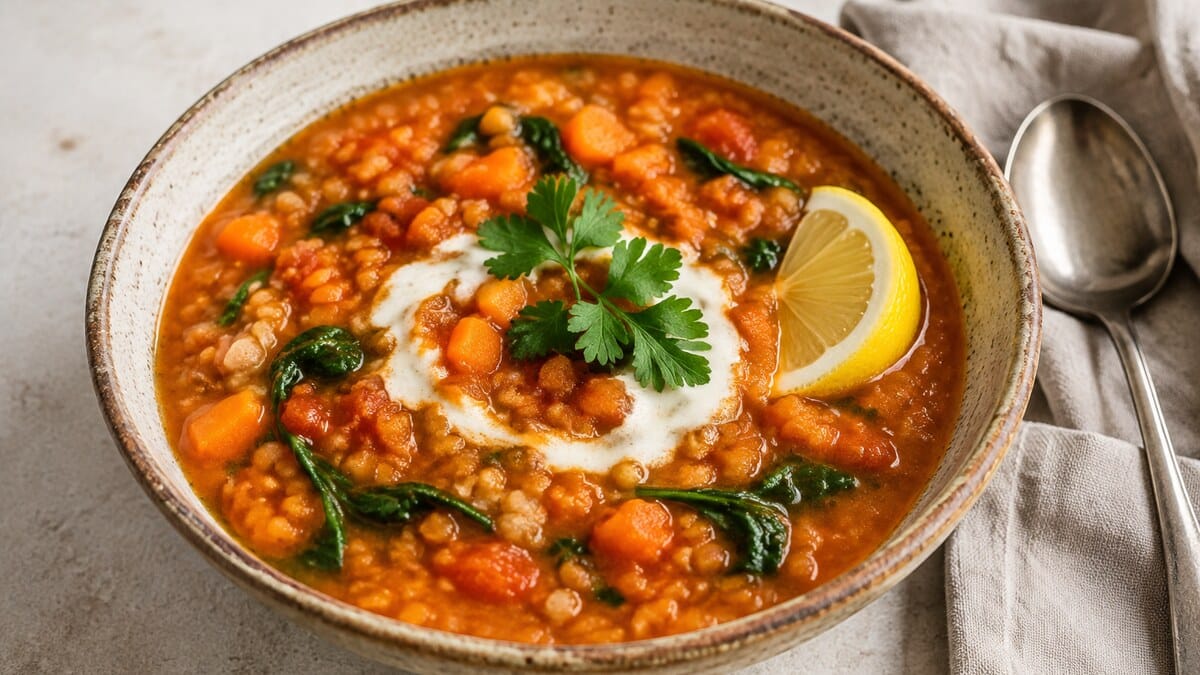 Creamy vegan red lentil tomato soup with carrots, spinach, coconut milk, parsley, and lemon