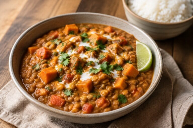Creamy vegan coconut lentil curry with sweet potato, tomatoes, cilantro, and lime