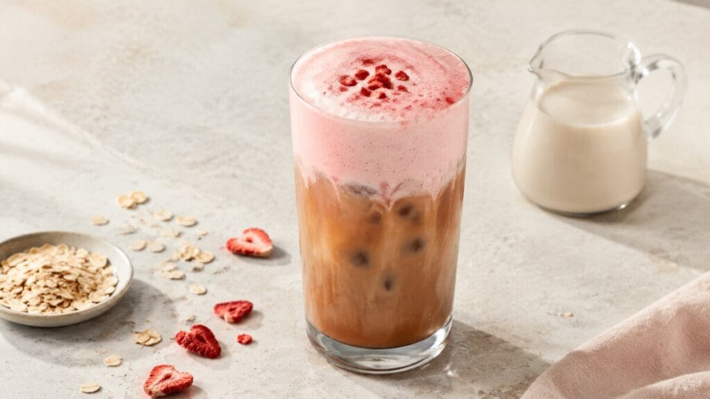 Dairy-free strawberry cold foam made with barista oat milk