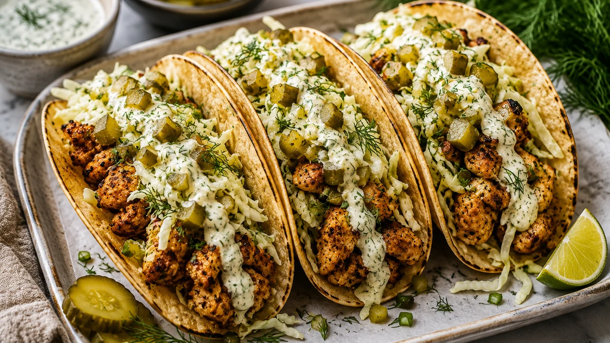 Three assembled chicken tacos with cabbage, chopped dill pickles, fresh dill, and creamy pickle ranch sauce