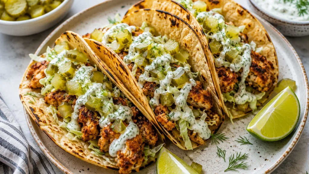 High protein dill pickle ranch chicken tacos with cabbage, pickles, creamy dill sauce, and lime