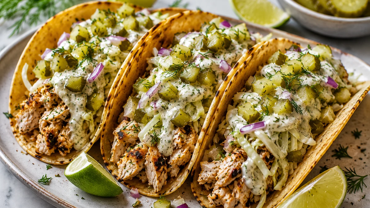 Close-up of dill pickle ranch chicken tacos showing browned chicken, crunchy cabbage, pickles, and creamy sauce