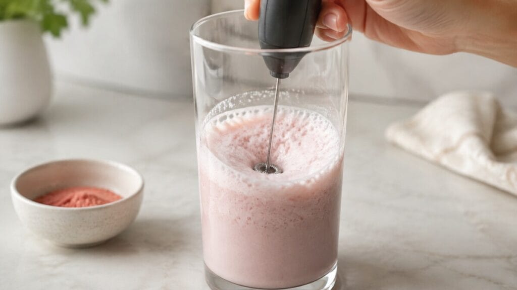 Frothing cold milk with strawberry powder in a tall glass