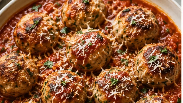 Golden gluten free chicken meatballs with ricotta in marinara with Parmesan and parsley