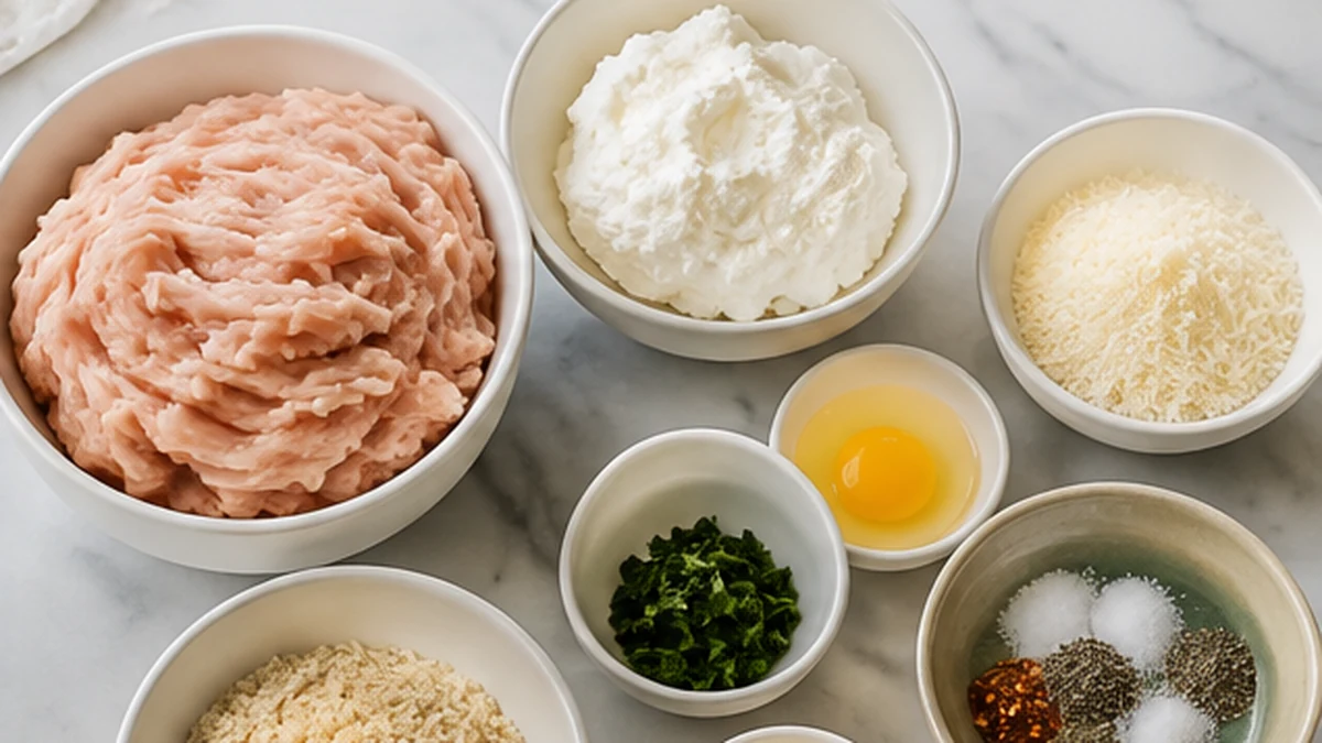 Ground chicken, ricotta, gluten free breadcrumbs, egg, Parmesan, garlic, herbs, and seasonings for chicken meatballs