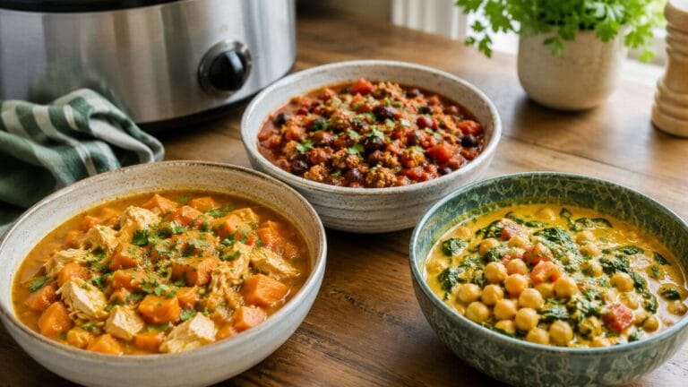 Three gluten-free slow-cooker meals including chicken sweet potato stew, turkey bean chili, and coconut chickpea spinach curry