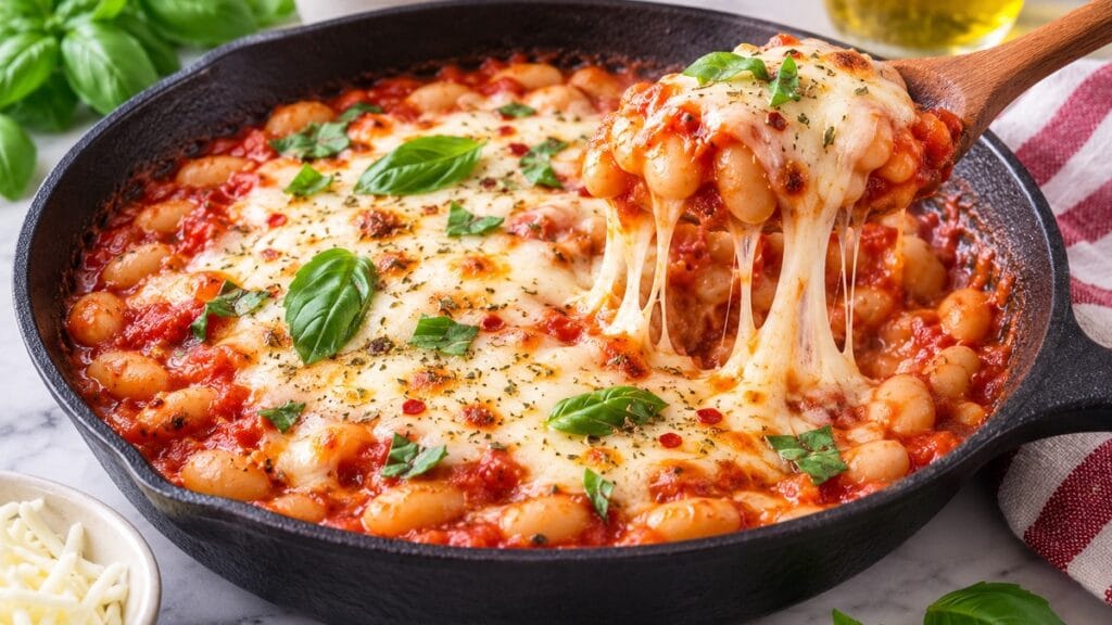 Gluten free pizza beans with white beans, marinara, melted mozzarella, Parmesan, and fresh basil in a cast-iron skillet