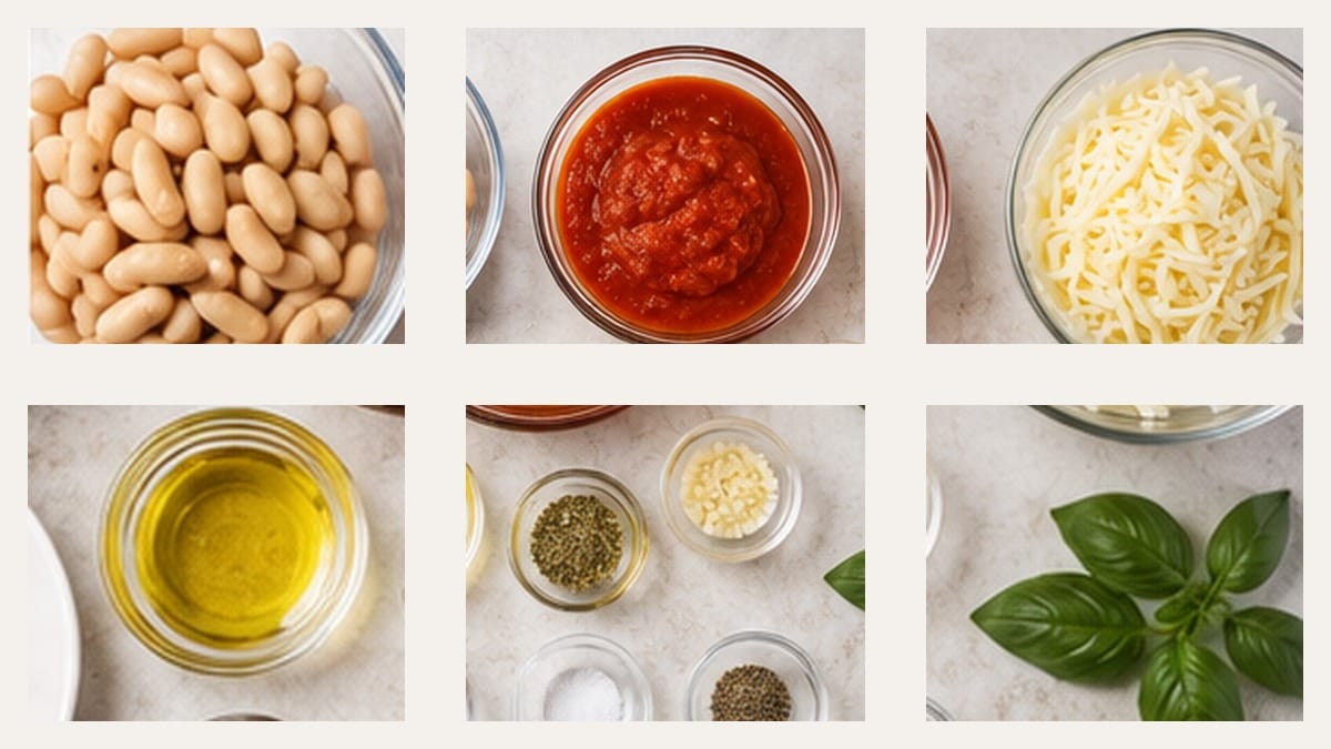 Core ingredients for gluten free pizza beans including white beans, marinara, mozzarella, olive oil, herbs, and seasonings