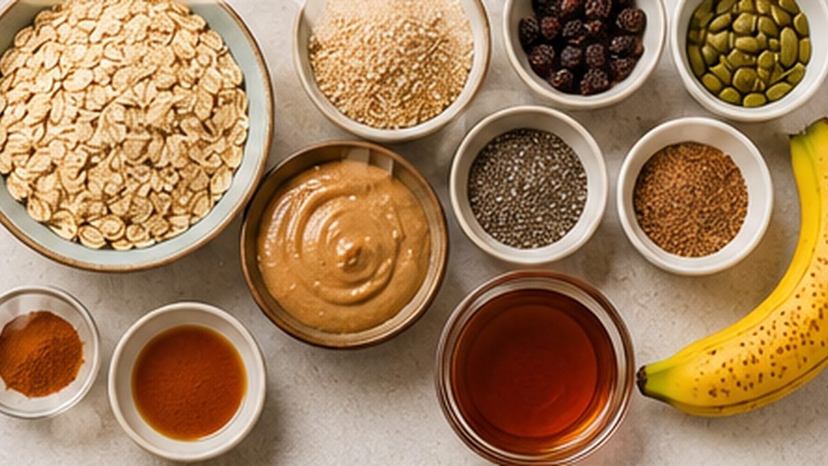 Ingredients for high fiber gluten free breakfast cookies including oats, oat bran, almond butter, banana, chia, flax, raisins, and pumpkin seeds