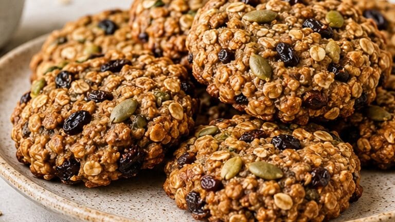 High fiber gluten free breakfast cookies with rolled oats, raisins, pumpkin seeds, chia, and flax