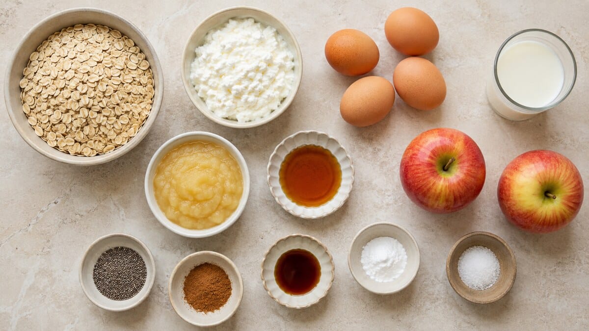 Oats, cottage cheese, eggs, milk, applesauce, maple syrup, apples, chia seeds, and cinnamon