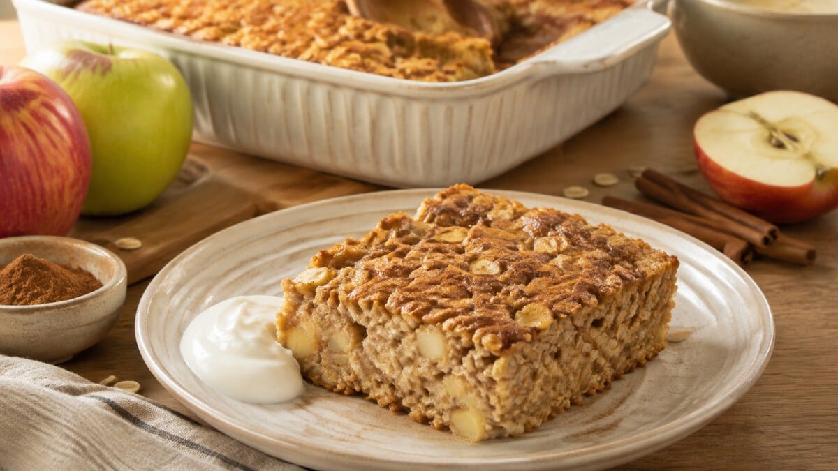 High protein apple baked oats without protein powder served with yogurt
